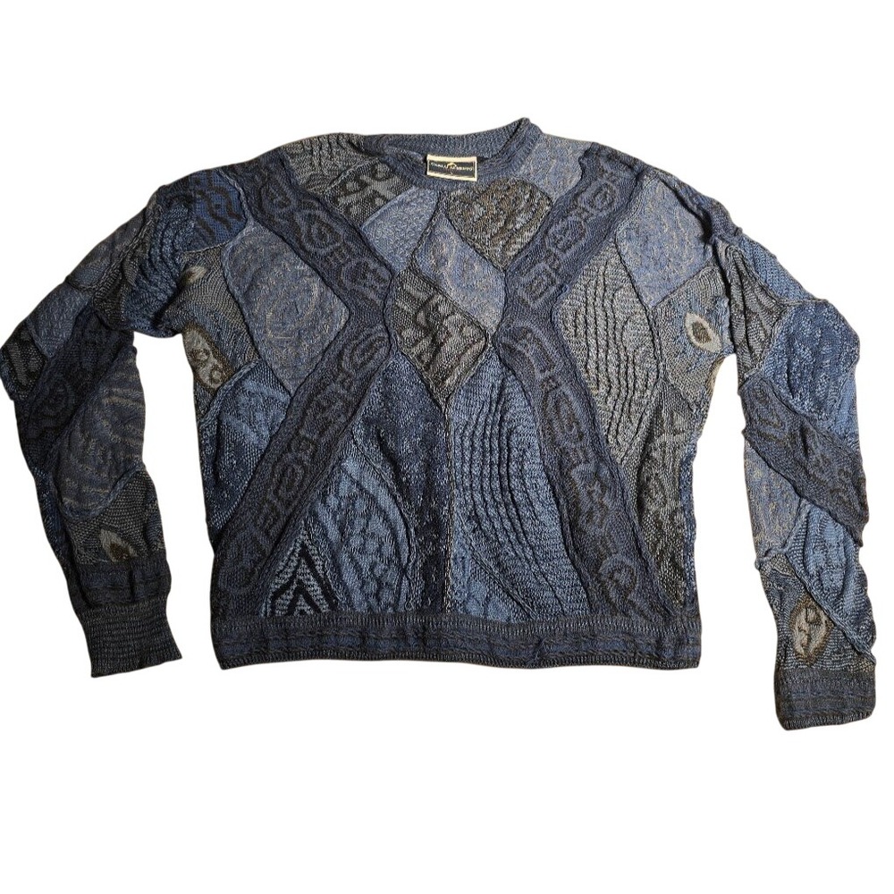 Carlo Alberto Australia Mens Blue 3D Knit Cotton Sweater Vintage Coogi Style L